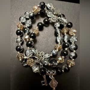 (3) Elegant Black and Silver Beaded Bracelet with St Benedict charm